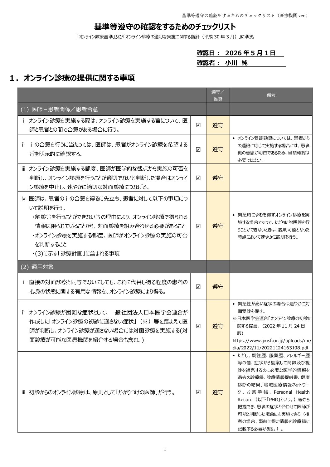 オンライン診療指針の順守の確認をするためのチェックリスト